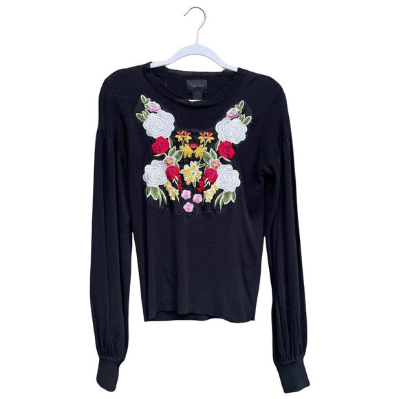 Magaschoni Floral Embroidered Sweater Size Medium Black Silk Blend New - Picture 2 of 12